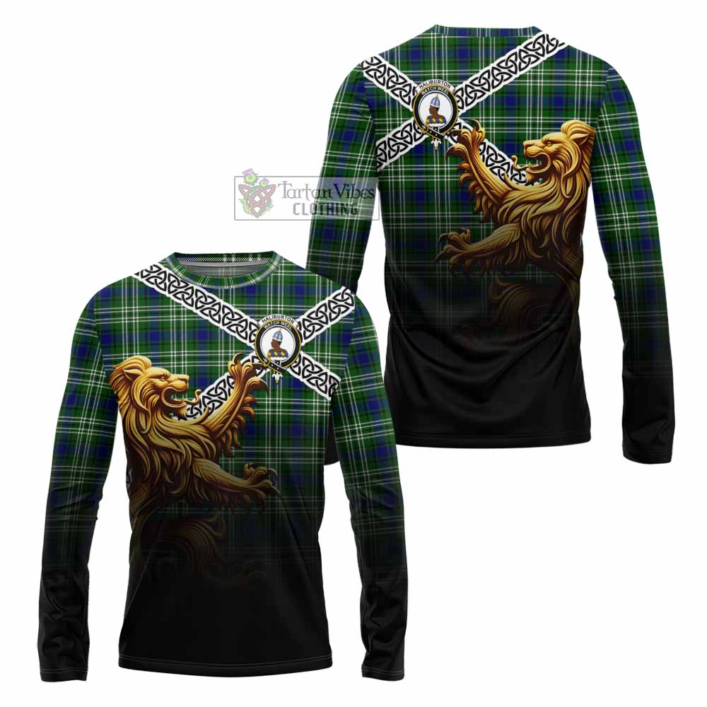 Haliburton Crest Tartan Long Sleeve T-Shirt with Golden Lion Emblem Celtic Style - Tartan Vibes Clothing