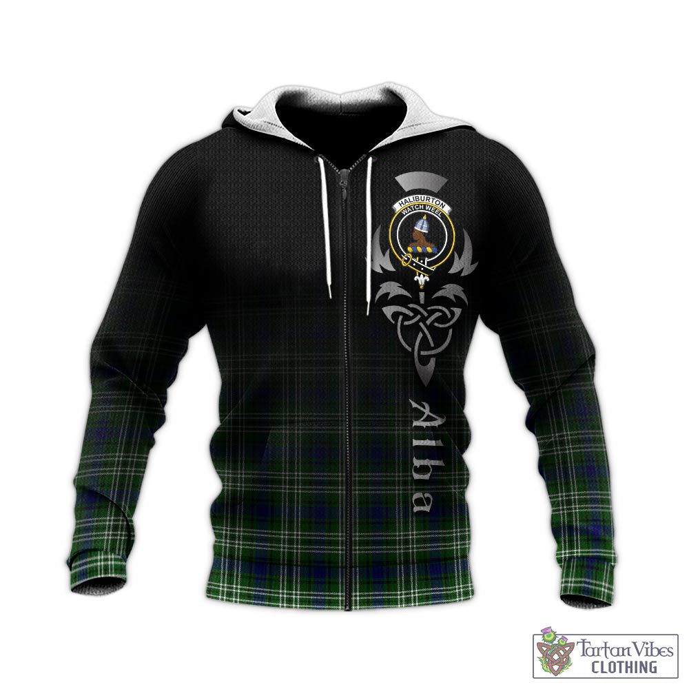 Tartan Vibes Clothing Haliburton Tartan Knitted Hoodie Featuring Alba Gu Brath Family Crest Celtic Inspired