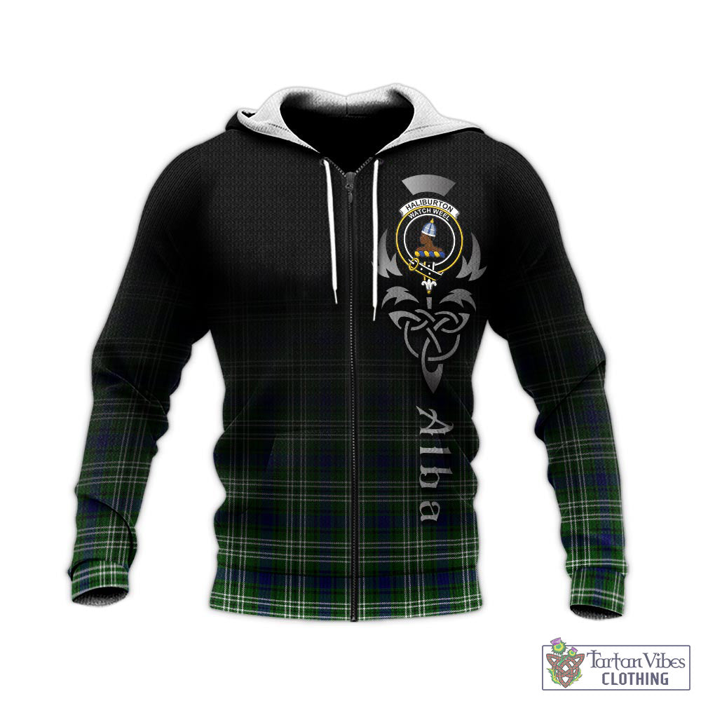 Haliburton Tartan Knitted Hoodie Featuring Alba Gu Brath Family Crest Celtic Inspired - Tartan Vibes Clothing