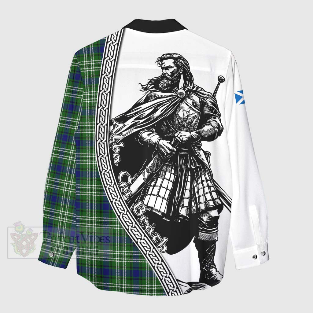 Haliburton Tartan Clan Crest Women's Casual Shirt with Highlander Warrior Celtic Style - Tartan Vibes Clothing