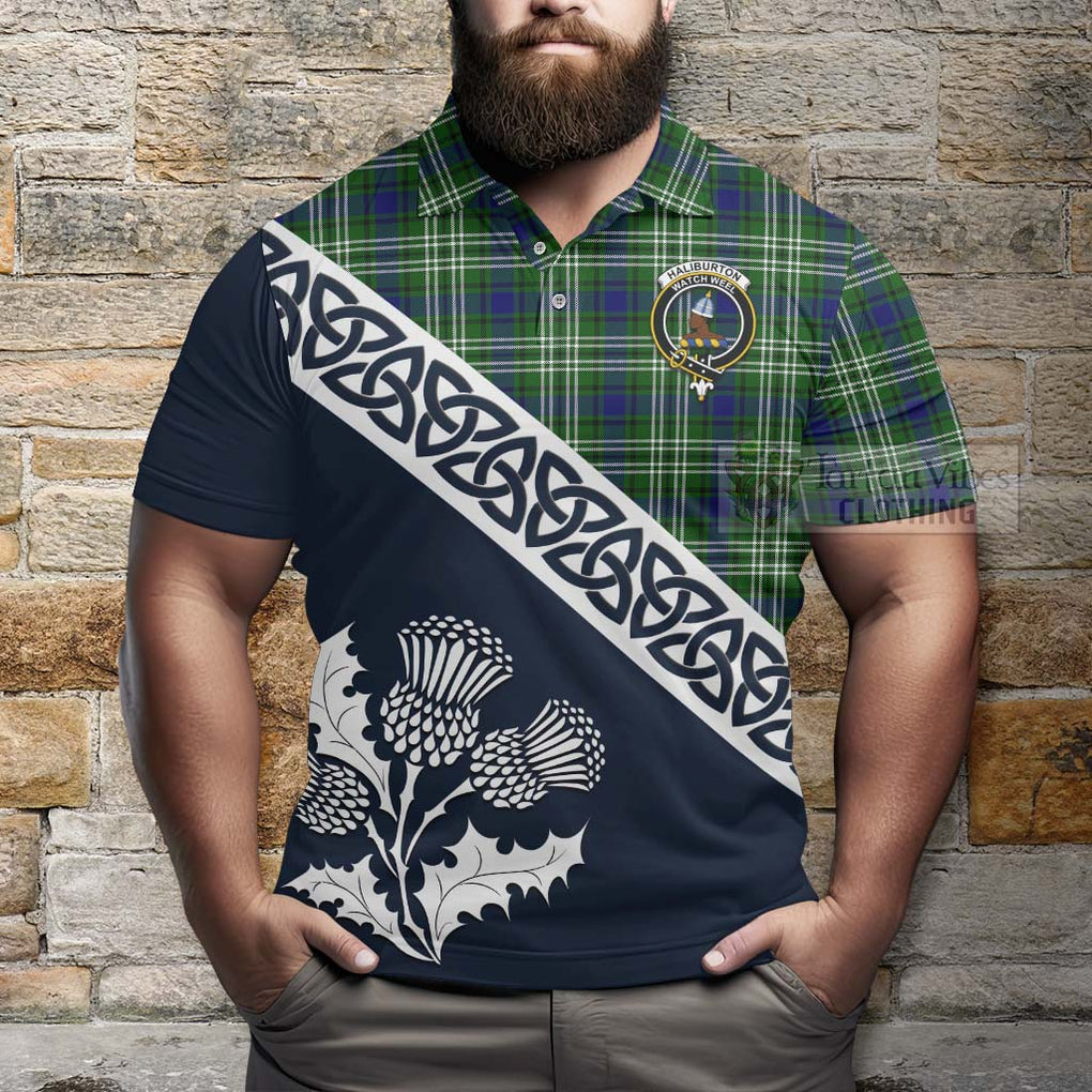 Haliburton Tartan Polo Shirt Featuring Thistle and Scotland Map - Tartanvibesclothing Store