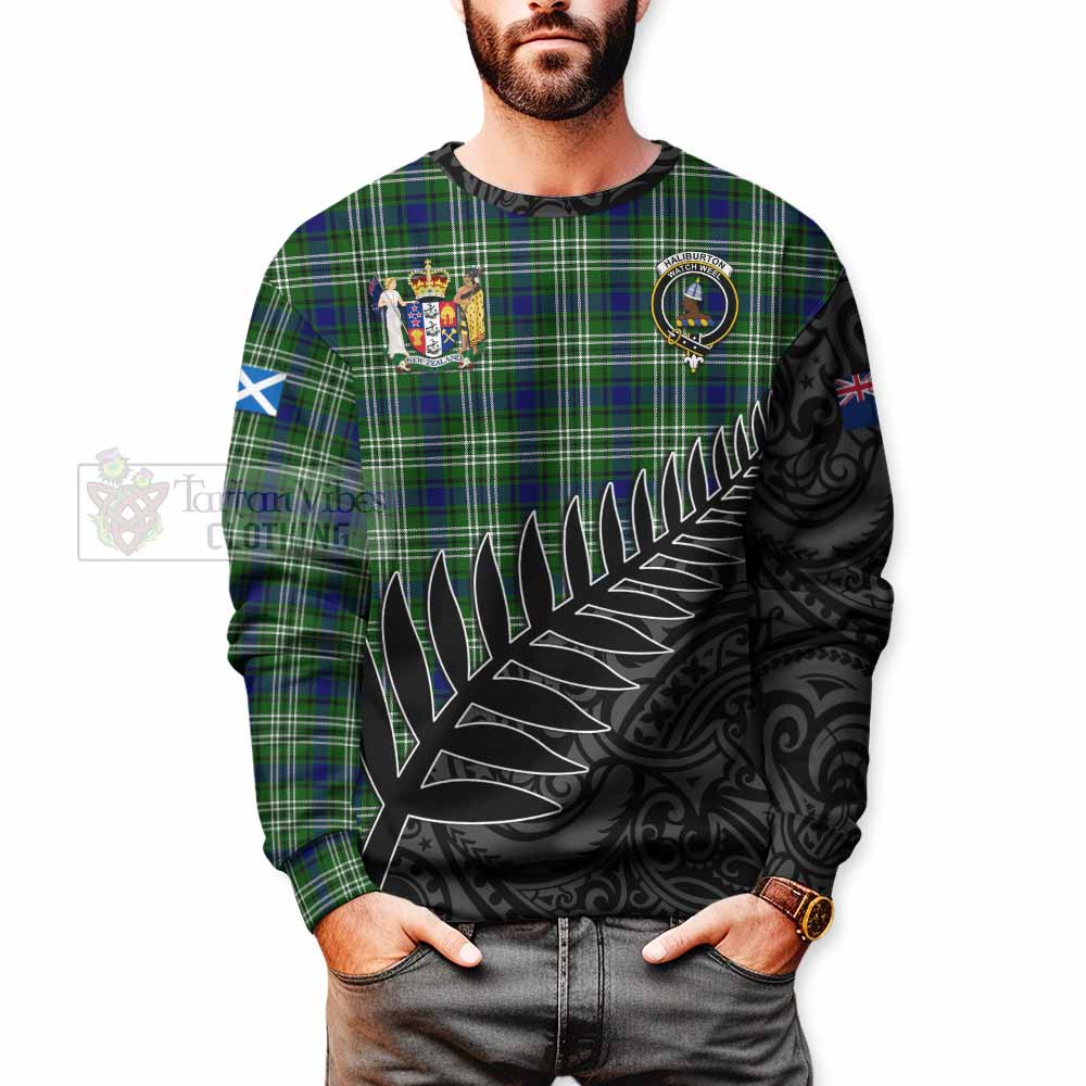 Haliburton Crest Tartan Sweatshirt with New Zealand Silver Fern Half Style - Tartan Vibes Clothing
