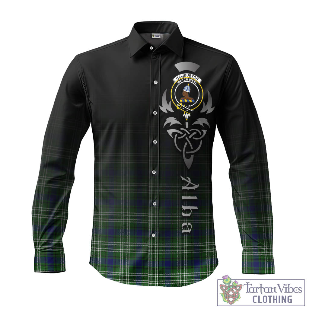Haliburton Tartan Long Sleeve Button Up Featuring Alba Gu Brath Family Crest Celtic Inspired - Tartan Vibes Clothing