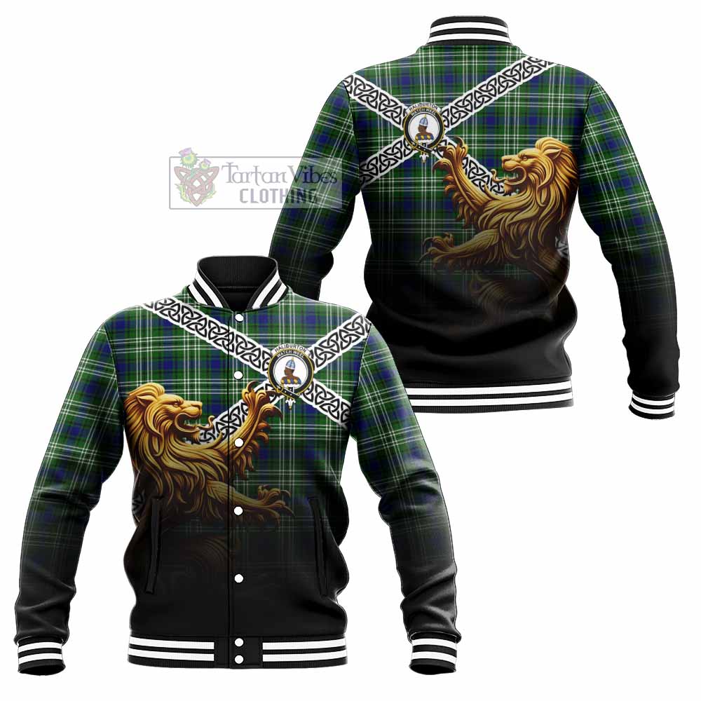 Haliburton Crest Tartan Baseball Jacket with Golden Lion Emblem Celtic Style - Tartan Vibes Clothing