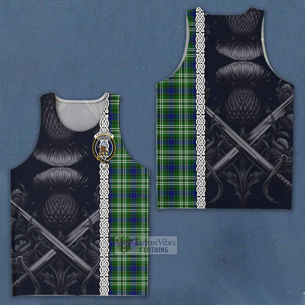 Haliburton Tartan Men's Tank Top with Family Crest Cross Sword Thistle Celtic Vibes - Tartan Vibes Clothing