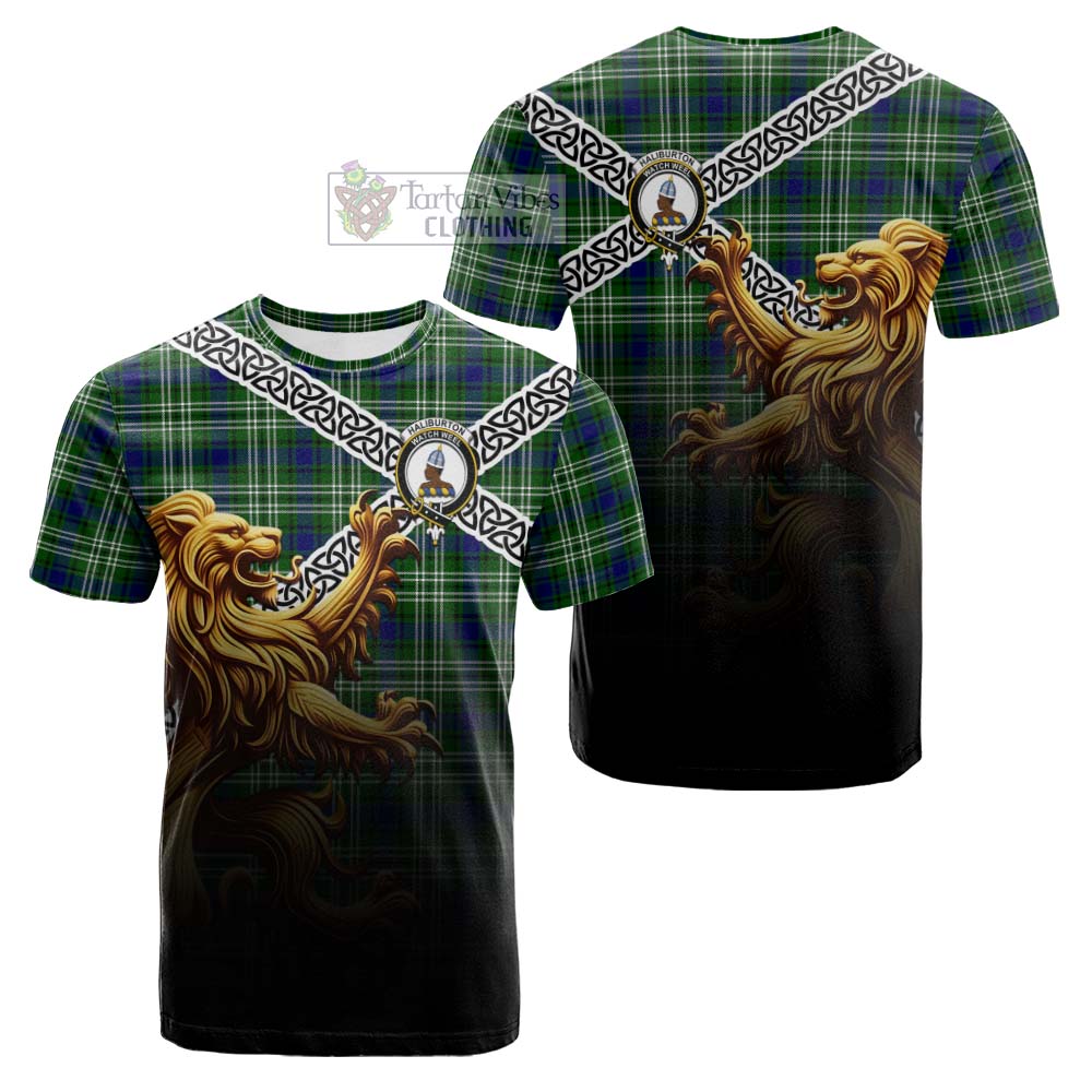 Haliburton Crest Tartan Cotton T-shirt with Golden Lion Emblem Celtic Style - Tartan Vibes Clothing