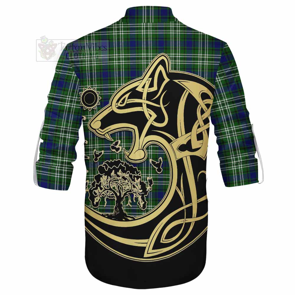 Haliburton Tartan Ghillie Kilt Shirt with Family Crest Celtic Wolf Style - Tartan Vibes Clothing