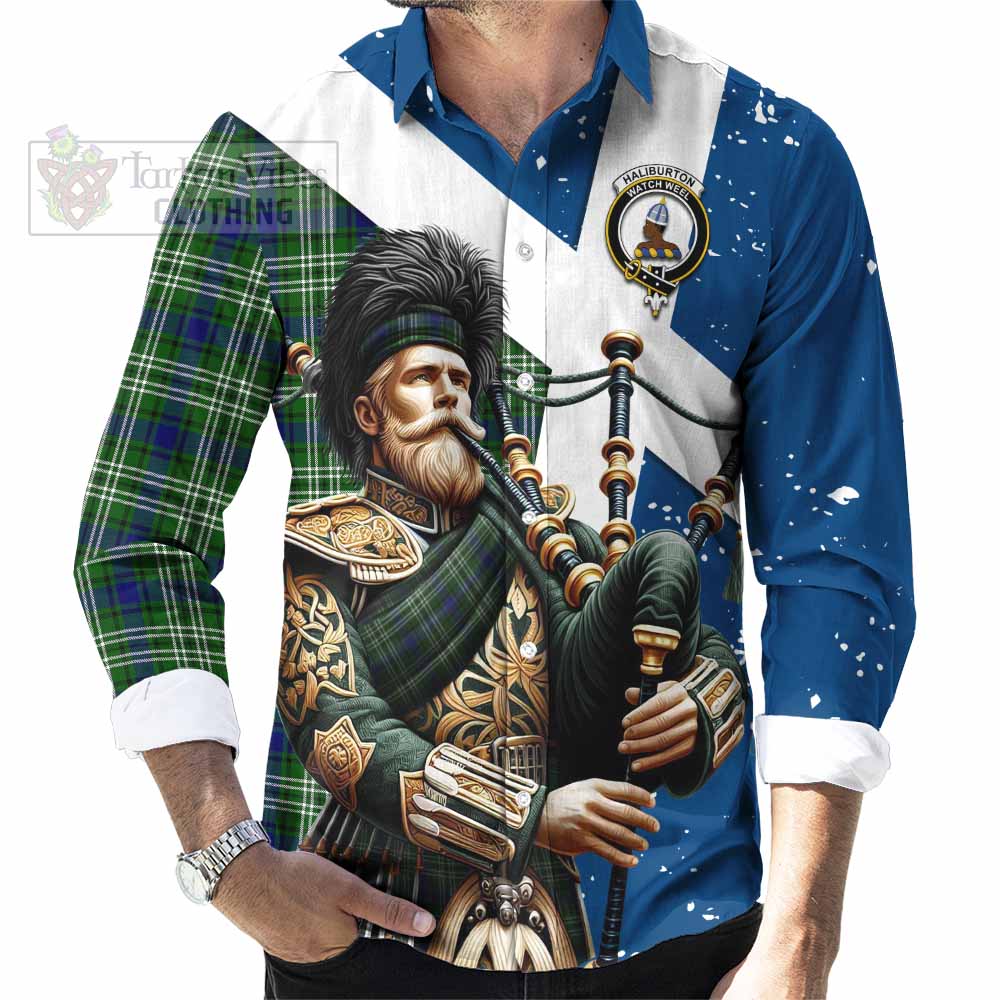 Haliburton Tartan Long Sleeve Button Shirt with Family Crest Scottish Bagpiper Vibes - Tartan Vibes Clothing