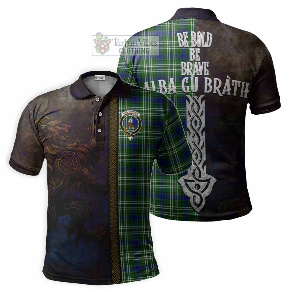 Tartan Vibes Clothing Haliburton Tartan Family Crest Polo Shirt Alba Gu Brath Be Brave Lion Ancient Style