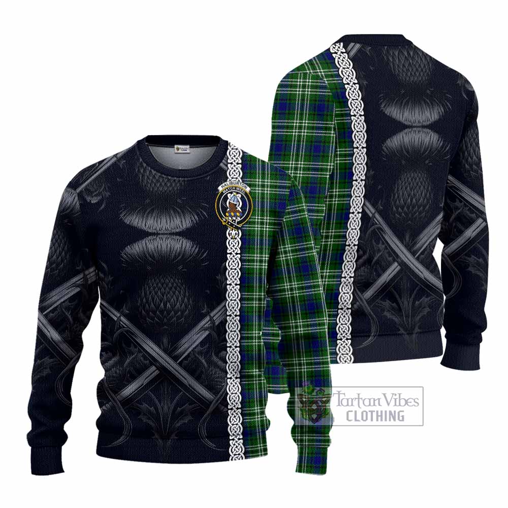 Haliburton Tartan Knitted Sweater with Family Crest Cross Sword Thistle Celtic Vibes - Tartan Vibes Clothing