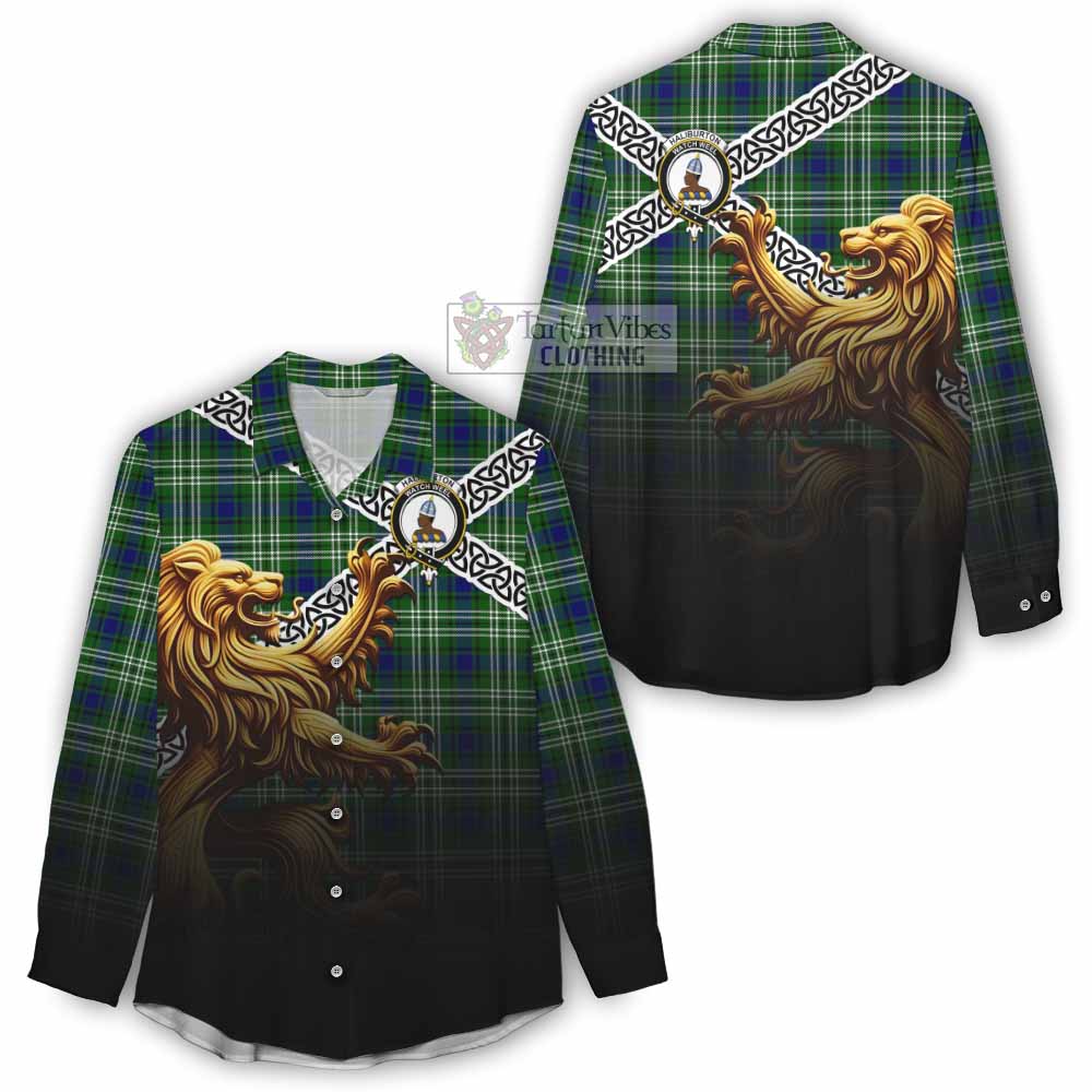 Haliburton Crest Tartan Women's Casual Shirt with Golden Lion Emblem Celtic Style - Tartan Vibes Clothing