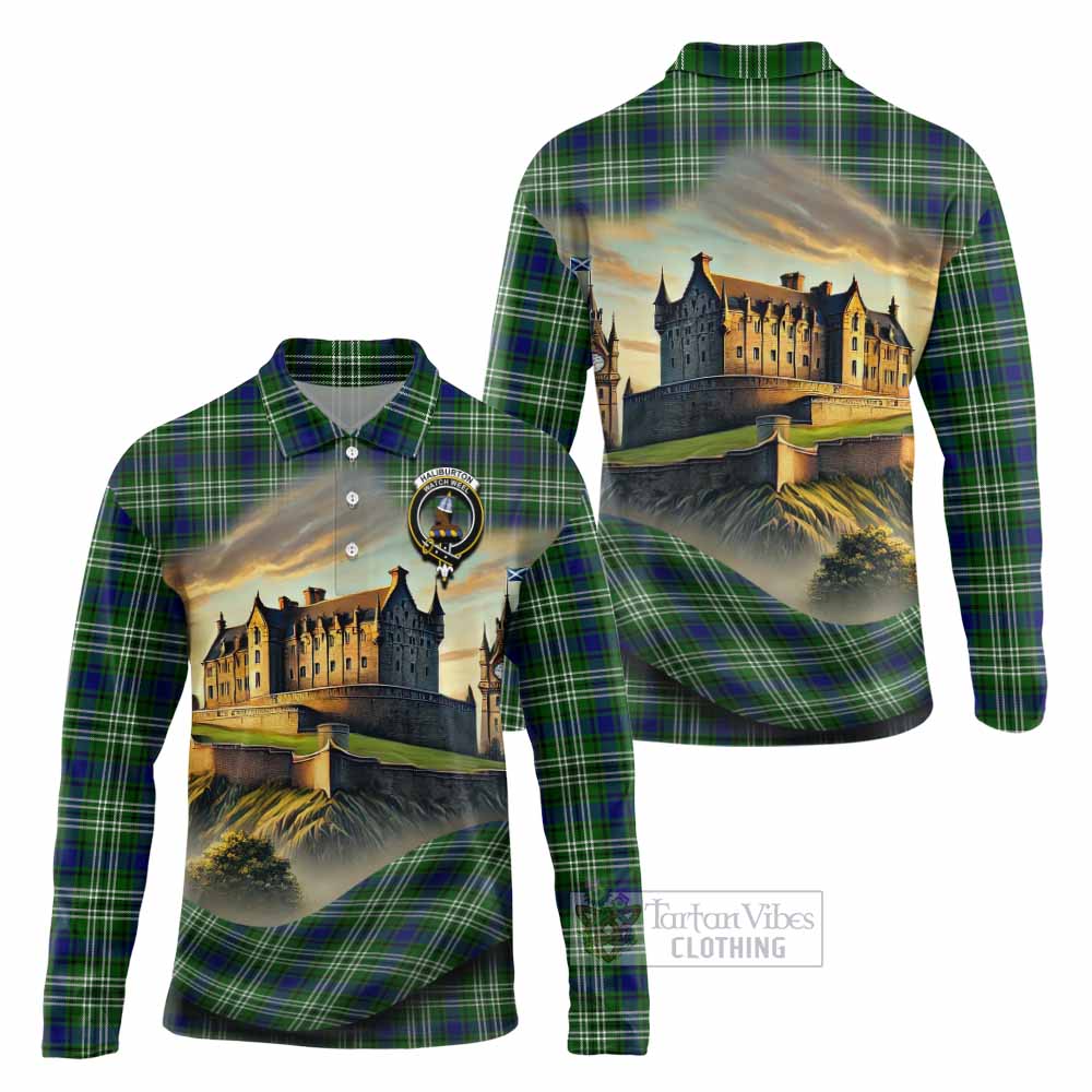 Haliburton Tartan Family Crest Long Sleeve Polo Shirt with Scottish Ancient Castle Style - Tartan Vibes Clothing