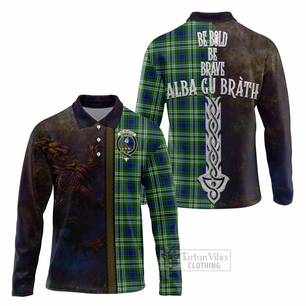 Tartan Vibes Clothing Haliburton Tartan Family Crest Long Sleeve Polo Shirt Alba Gu Brath Be Brave Lion Ancient Style