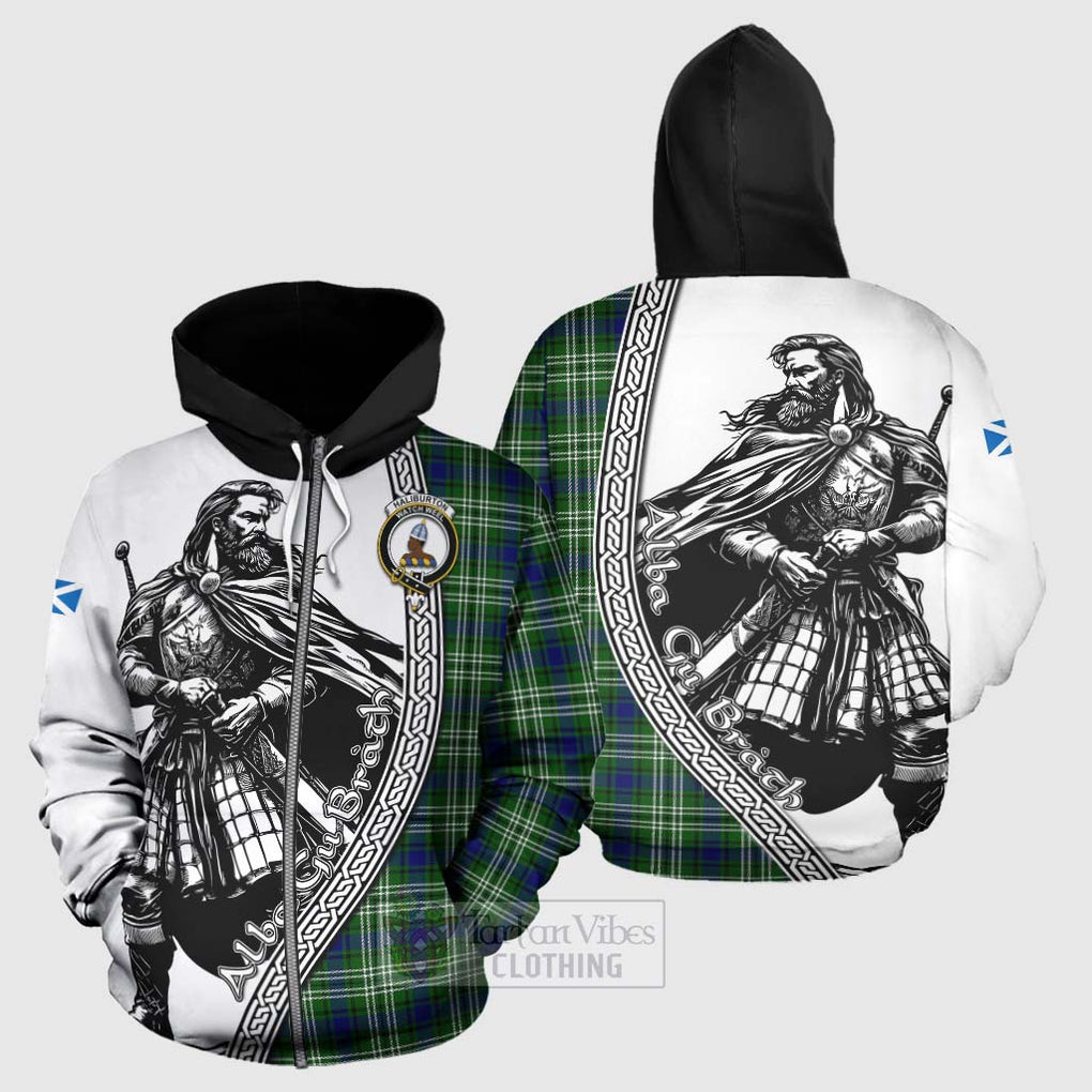 Haliburton Tartan Clan Crest Hoodie with Highlander Warrior Celtic Style - Tartan Vibes Clothing