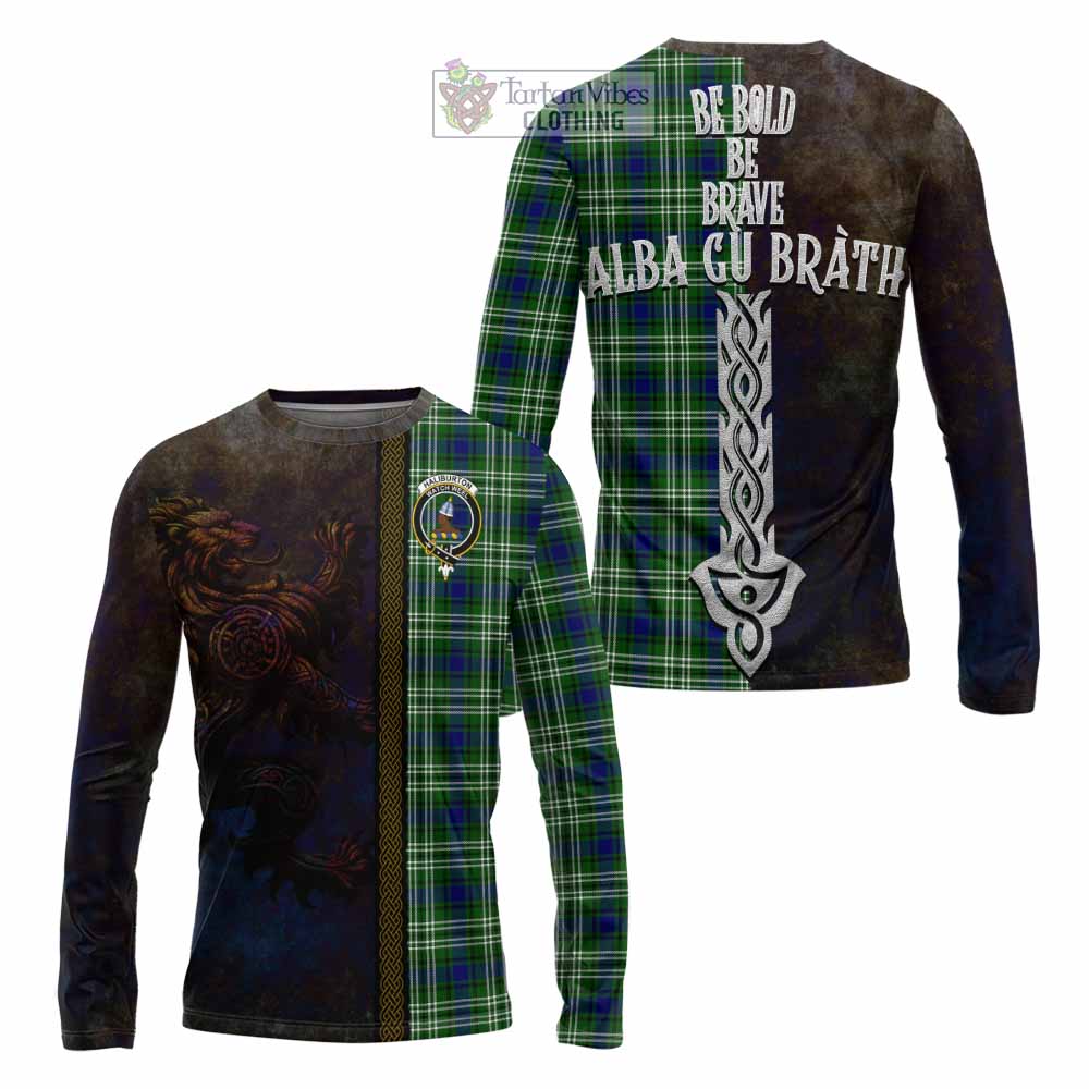Tartan Vibes Clothing Haliburton Tartan Family Crest Long Sleeve T-Shirt Alba Gu Brath Be Brave Lion Ancient Style