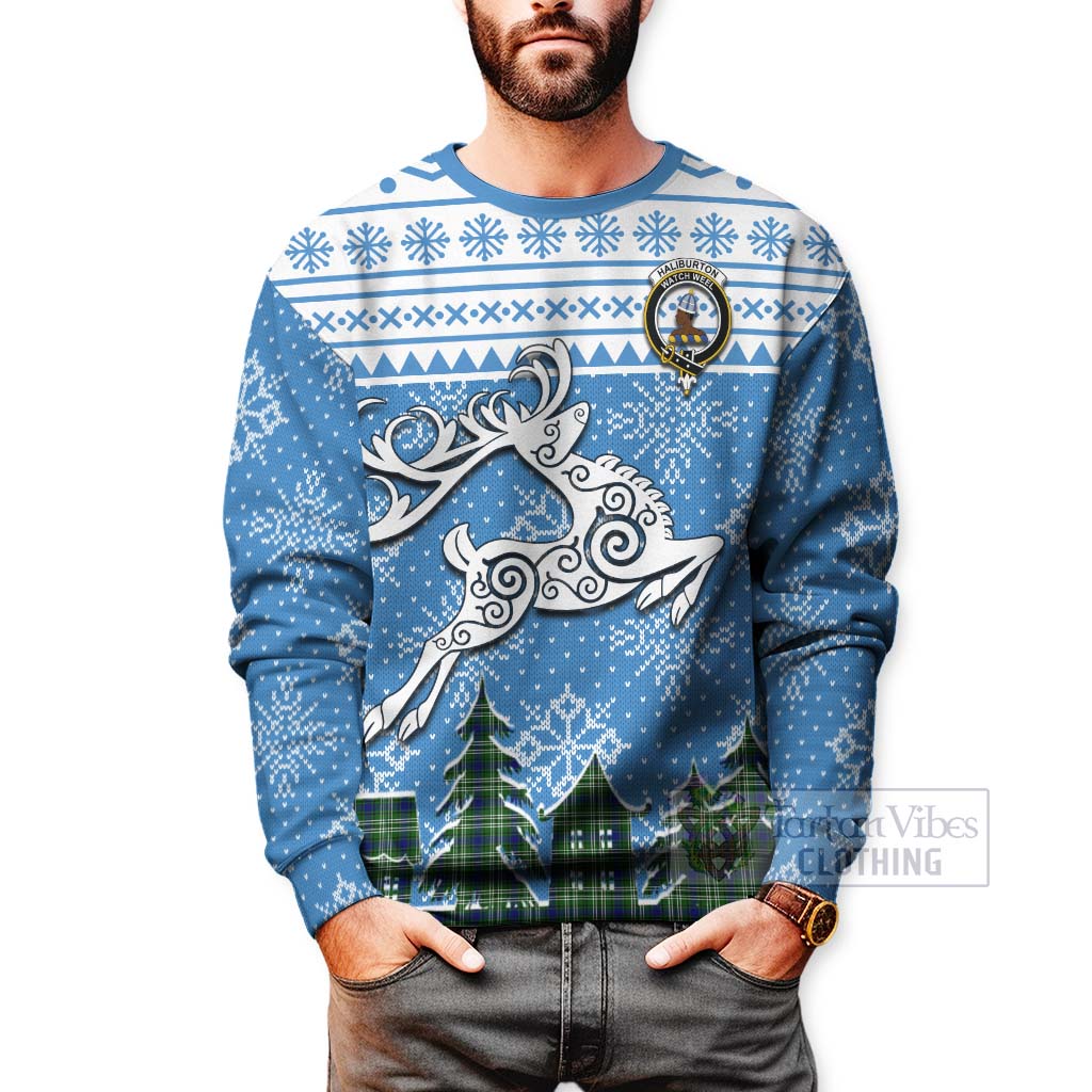 Haliburton Clan Christmas Sweatshirt Celtic Reindeer Style - Tartan Vibes Clothing