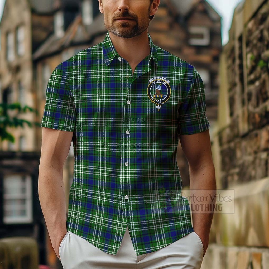 Haliburton Tartan Hawaiian Shirt with Family Crest Celtic Skull Style - Tartan Vibes Clothing