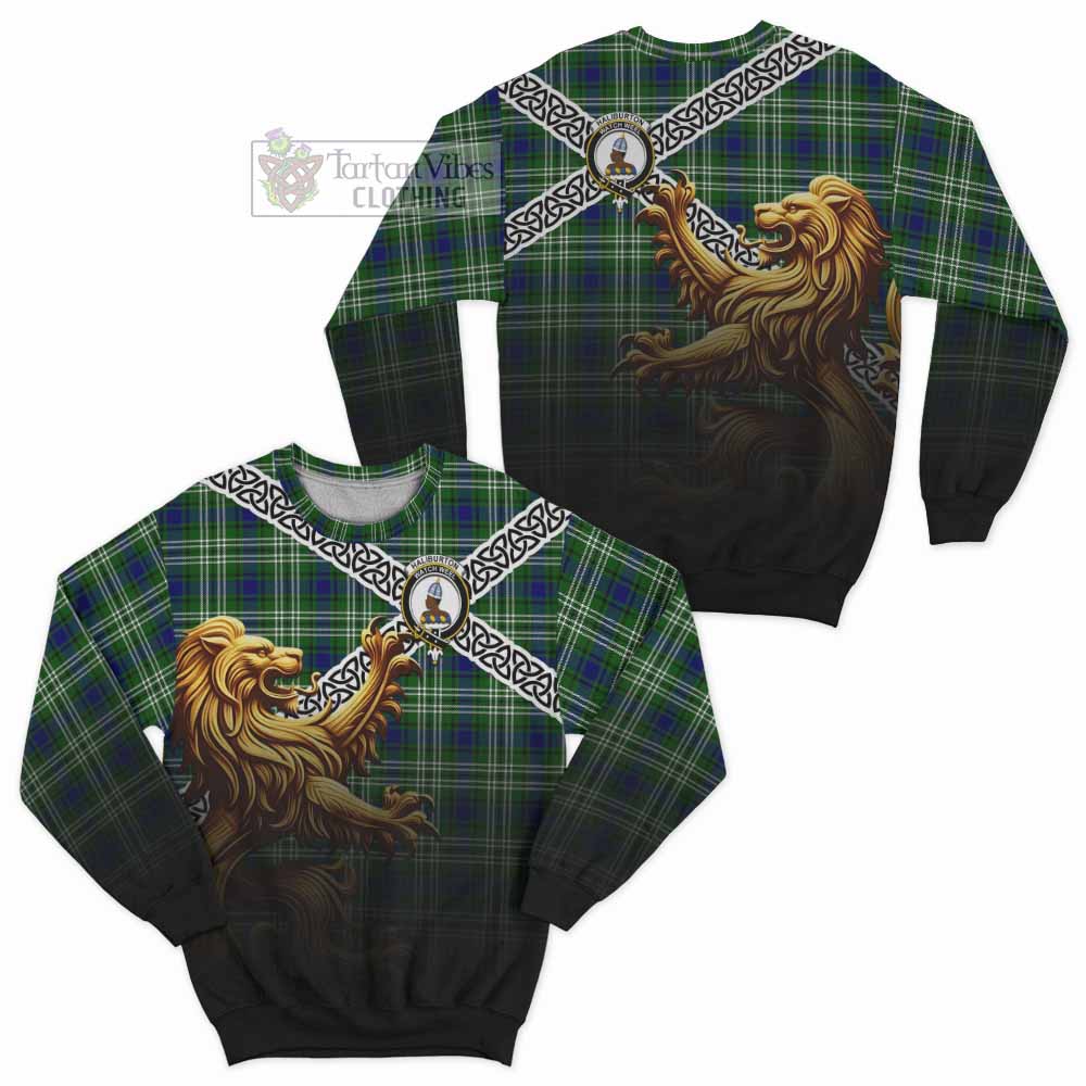 Haliburton Crest Tartan Sweatshirt with Golden Lion Emblem Celtic Style - Tartan Vibes Clothing