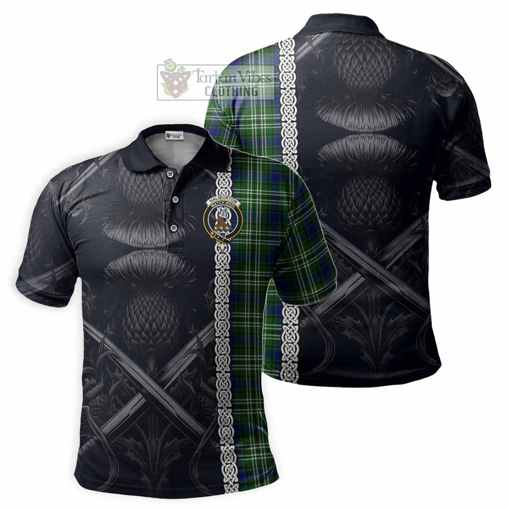 Haliburton Tartan Polo Shirt with Family Crest Cross Sword Thistle Celtic Vibes - Tartan Vibes Clothing