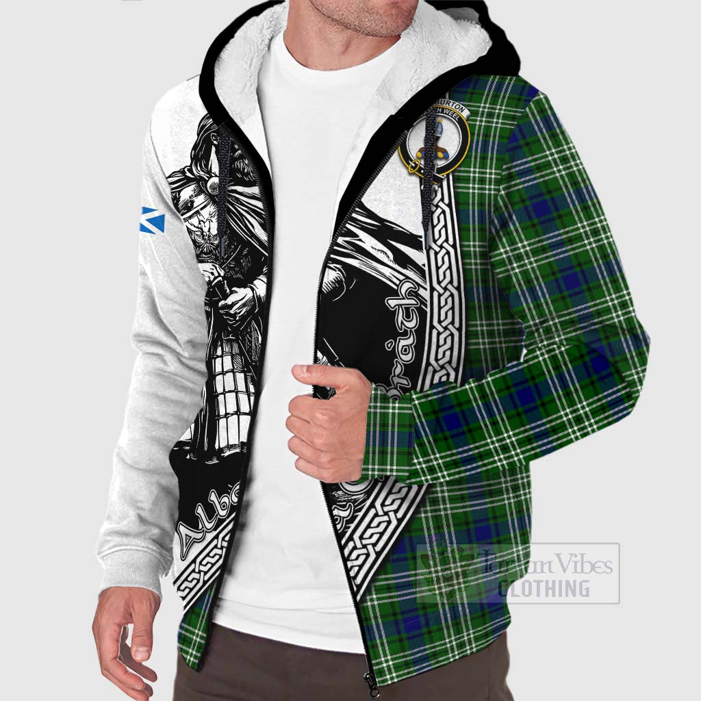 Haliburton Tartan Clan Crest Sherpa Hoodie with Highlander Warrior Celtic Style Unisex - Tartan Vibes Clothing
