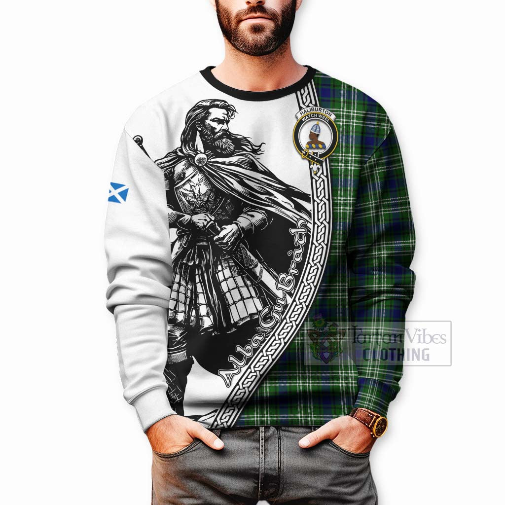 Haliburton Tartan Clan Crest Sweatshirt with Highlander Warrior Celtic Style - Tartan Vibes Clothing