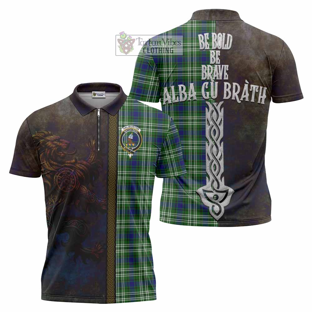 Tartan Vibes Clothing Haliburton Tartan Family Crest Zipper Polo Shirt Alba Gu Brath Be Brave Lion Ancient Style
