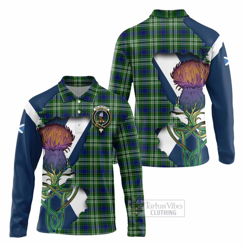 Haliburton Tartan Family Crest Long Sleeve Polo Shirt Scottish Thistle Celtic Inspired - Tartan Vibes Clothing