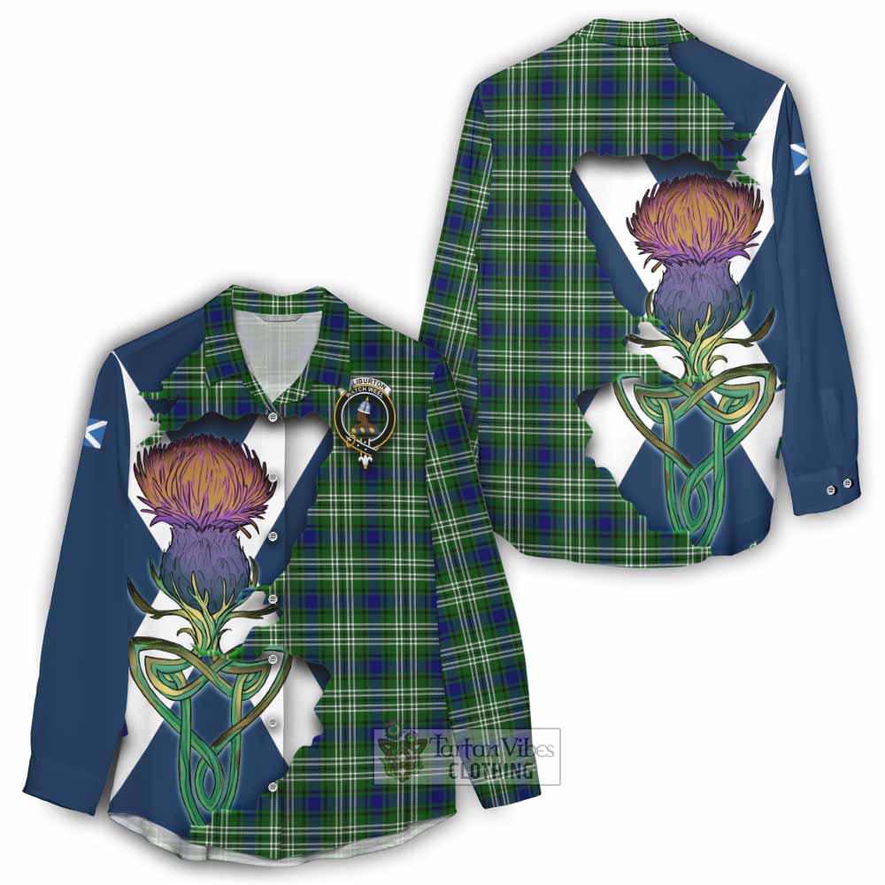 Haliburton Tartan Family Crest Women's Casual Shirt Scottish Thistle Celtic Inspired - Tartan Vibes Clothing