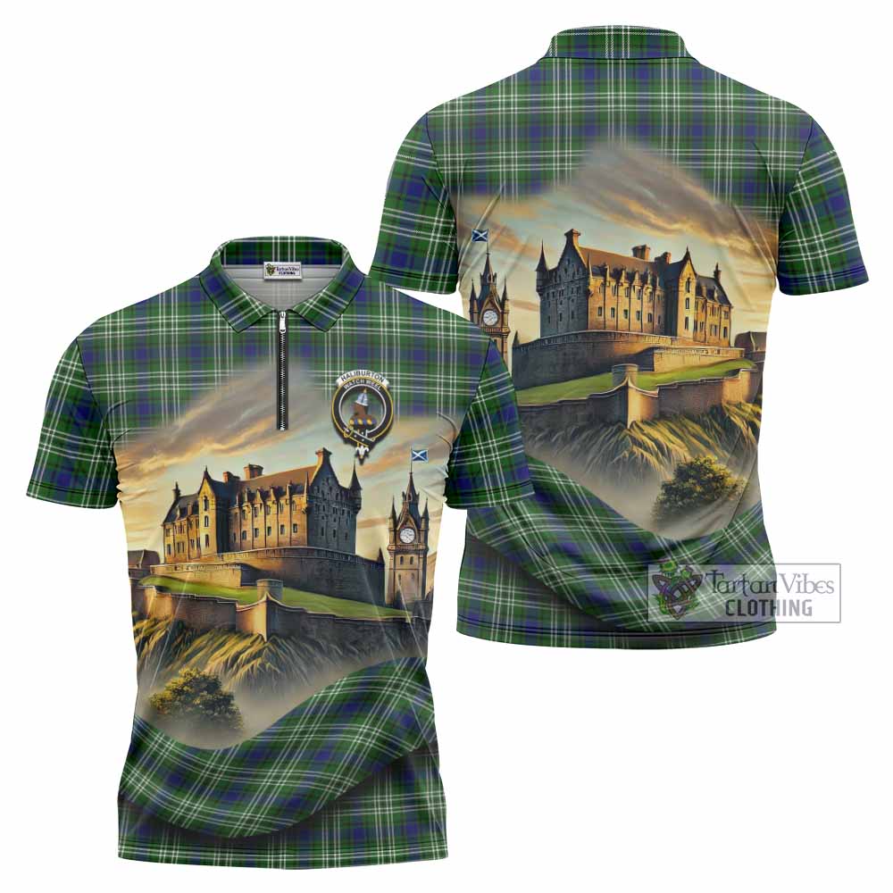 Haliburton Tartan Family Crest Zipper Polo Shirt with Scottish Ancient Castle Style - Tartan Vibes Clothing