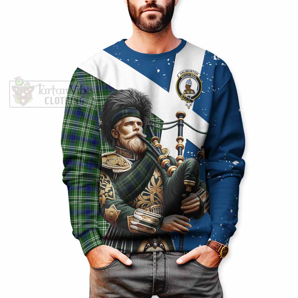 Haliburton Tartan Sweatshirt with Family Crest Scottish Bagpiper Vibes - Tartan Vibes Clothing