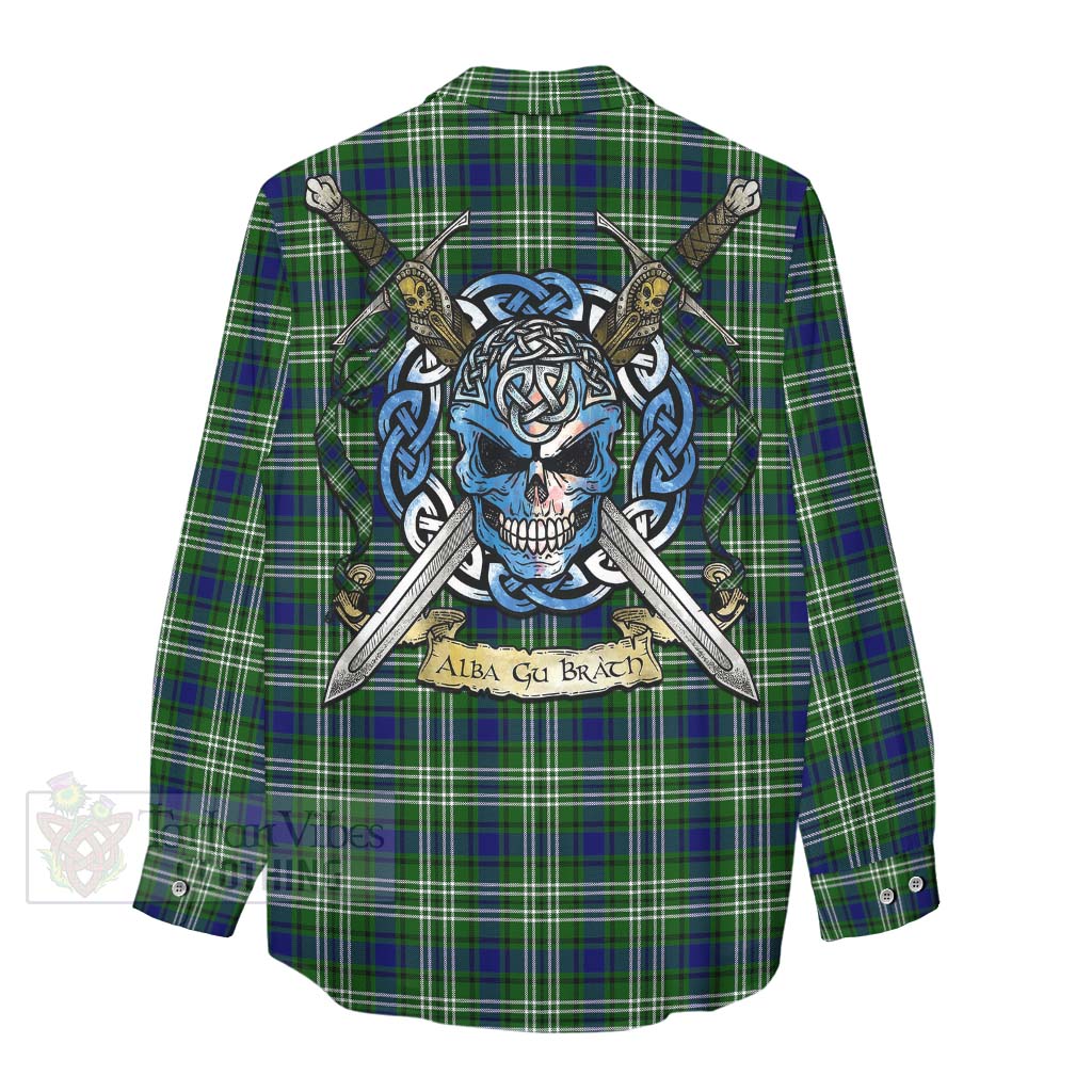 Haliburton Tartan Women's Casual Shirt with Family Crest Celtic Skull Style - Tartan Vibes Clothing