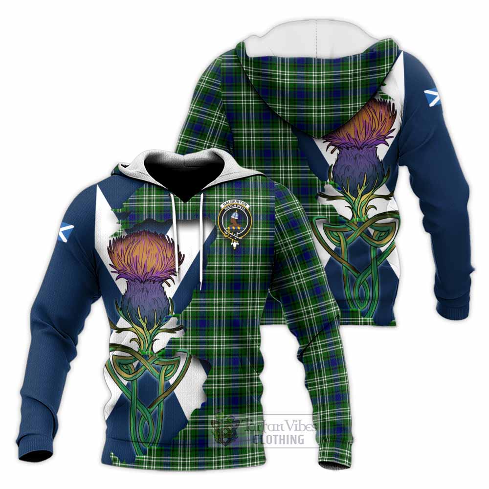 Haliburton Tartan Family Crest Knitted Hoodie Scottish Thistle Celtic Inspired - Tartan Vibes Clothing