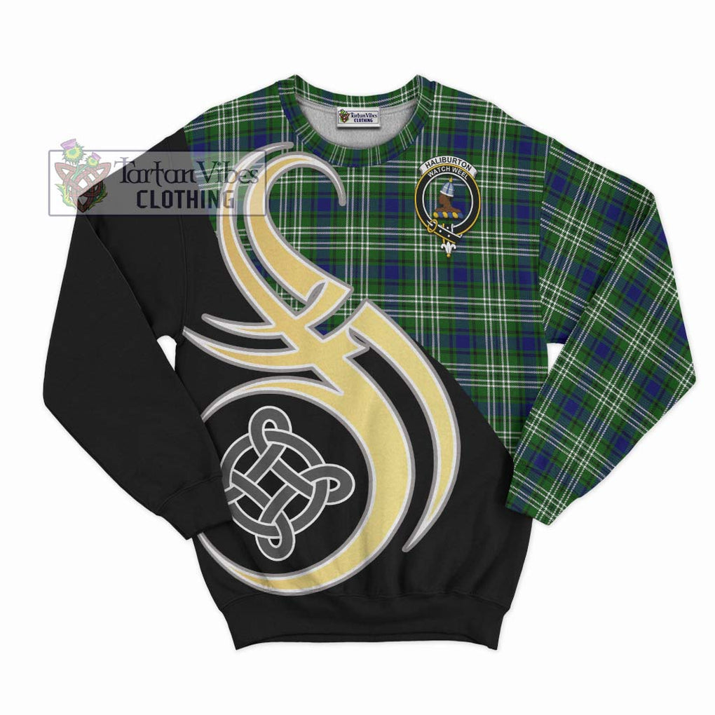 Haliburton Tartan Sweatshirt with Family Crest and Celtic Symbol Style - Tartan Vibes Clothing