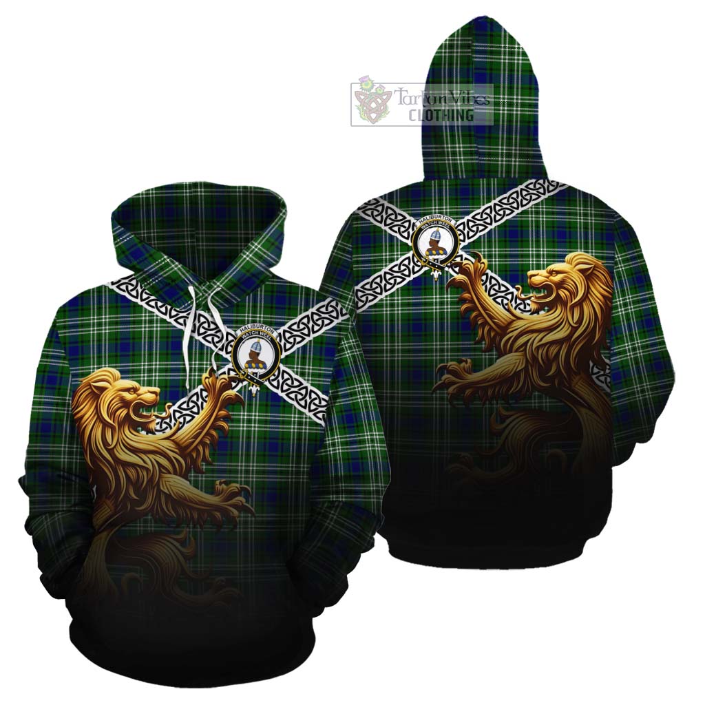 Haliburton Crest Tartan Cotton Hoodie with Golden Lion Emblem Celtic Style - Tartan Vibes Clothing
