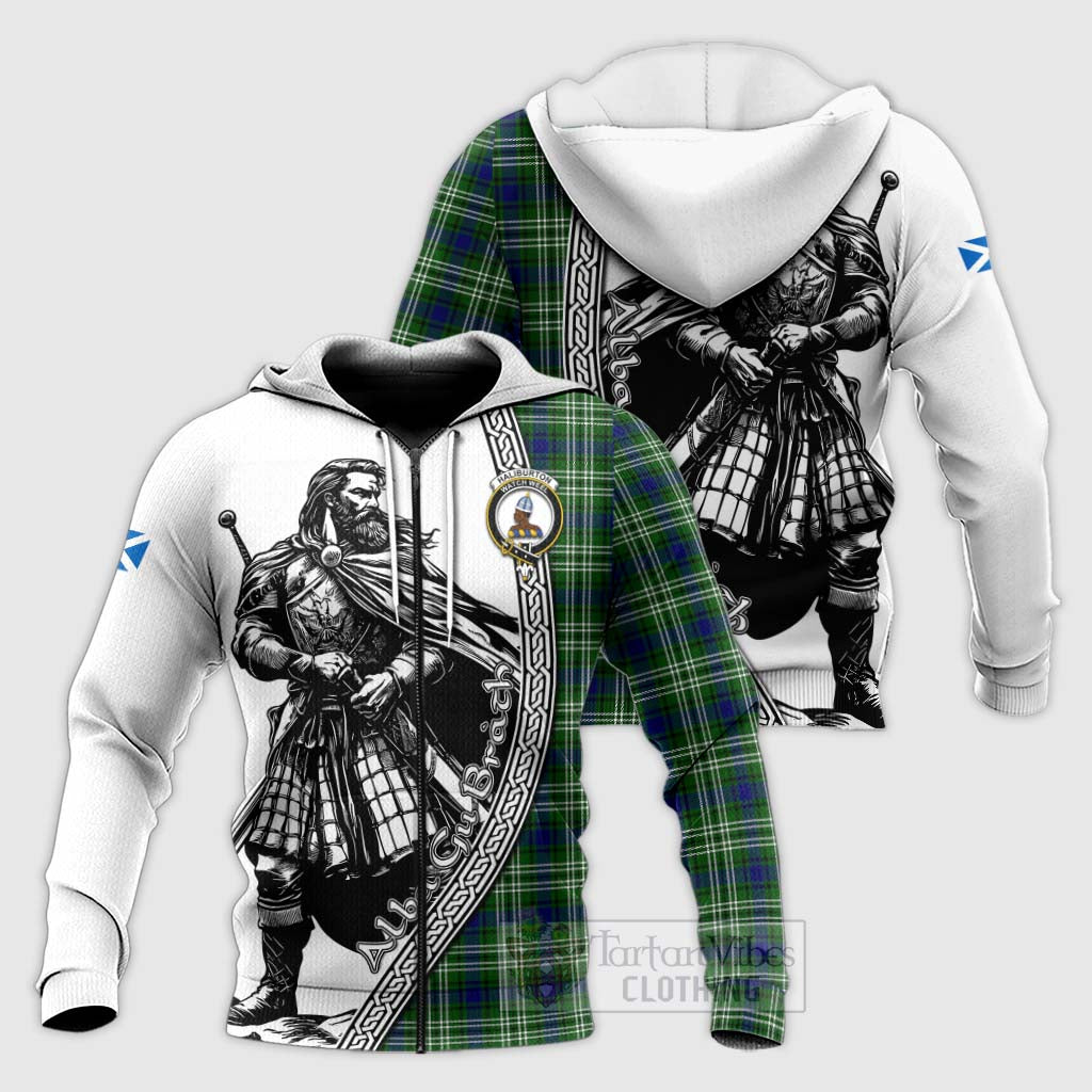 Haliburton Tartan Clan Crest Knitted Hoodie with Highlander Warrior Celtic Style Unisex Knitted Zip Hoodie - Tartan Vibes Clothing