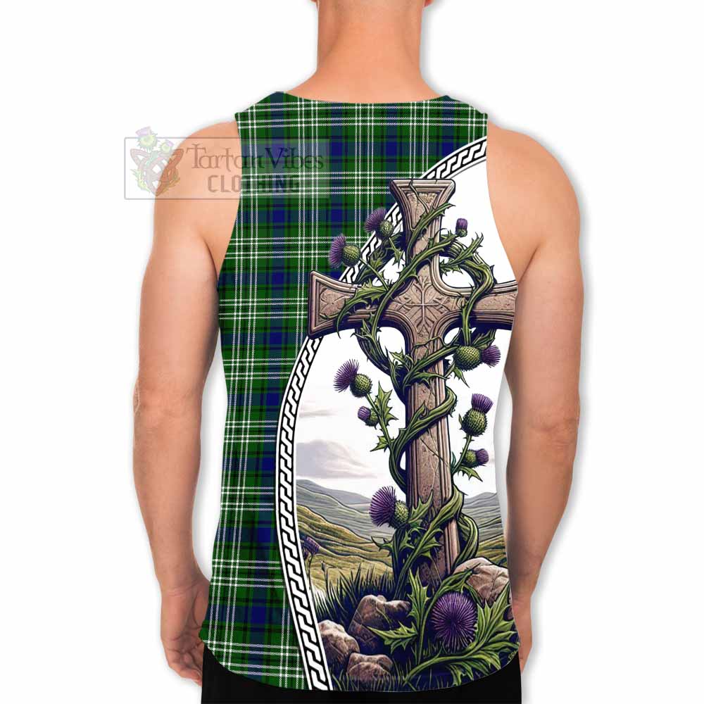 Tartan Vibes Clothing Haliburton Tartan Men's Tank Top with Family Crest and St. Andrew's Cross Accented by Thistle Vines