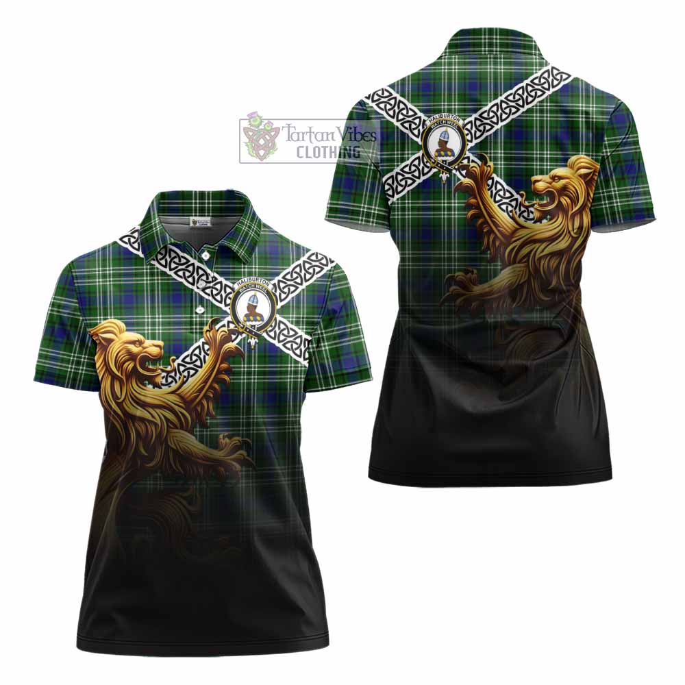 Haliburton Crest Tartan Women's Polo Shirt with Golden Lion Emblem Celtic Style - Tartan Vibes Clothing