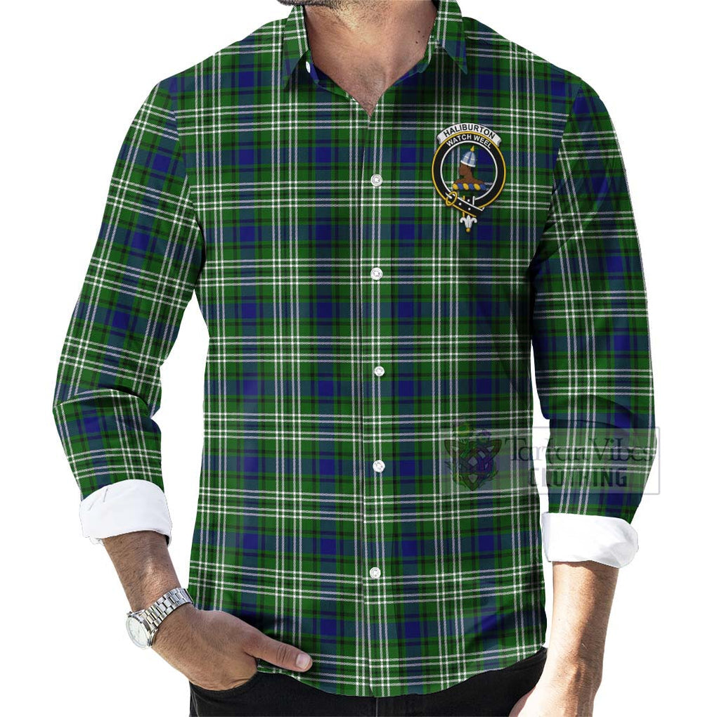 Haliburton Tartan Long Sleeve Button Shirt with Family Crest Celtic Skull Style - Tartan Vibes Clothing
