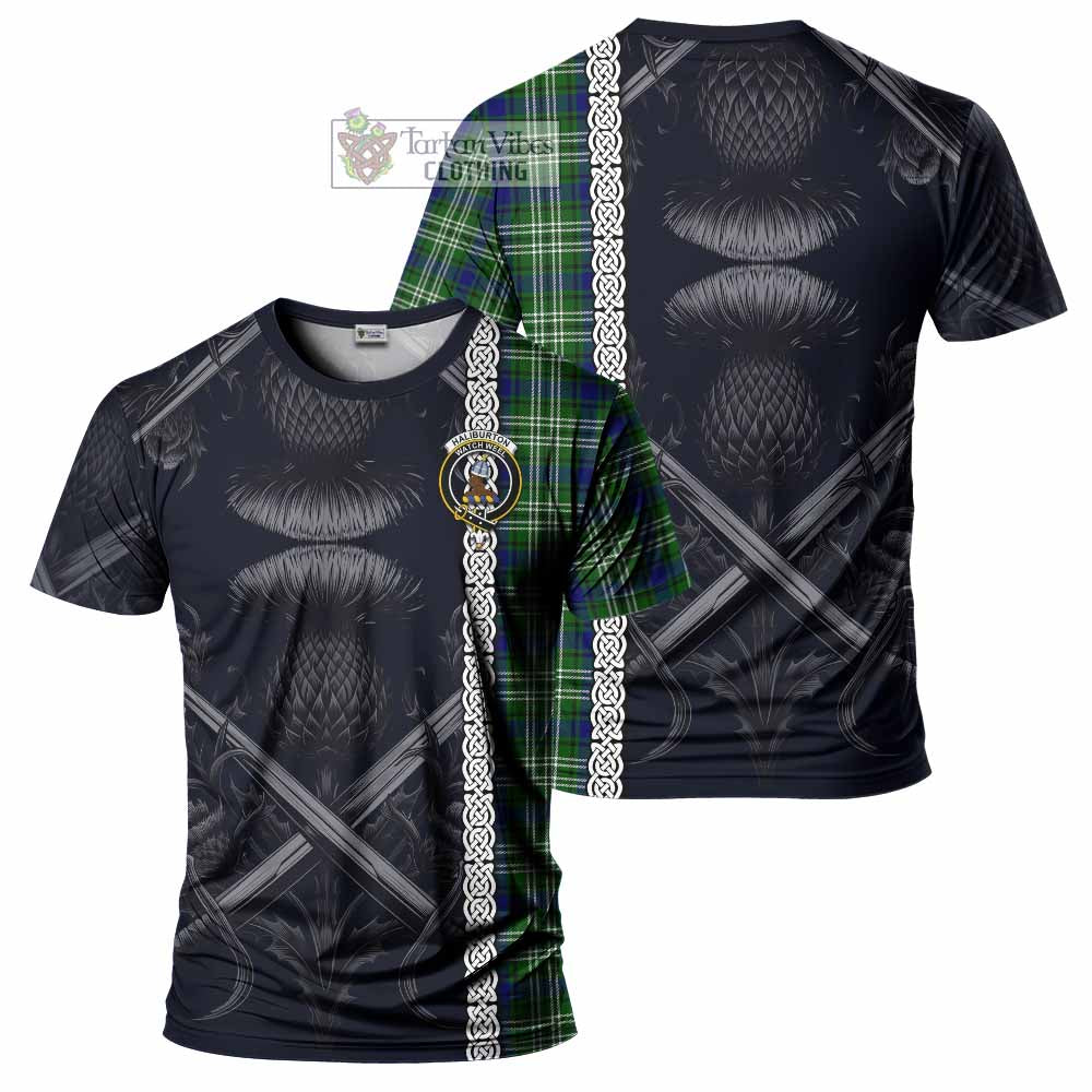 Haliburton Tartan T-Shirt with Family Crest Cross Sword Thistle Celtic Vibes - Tartan Vibes Clothing