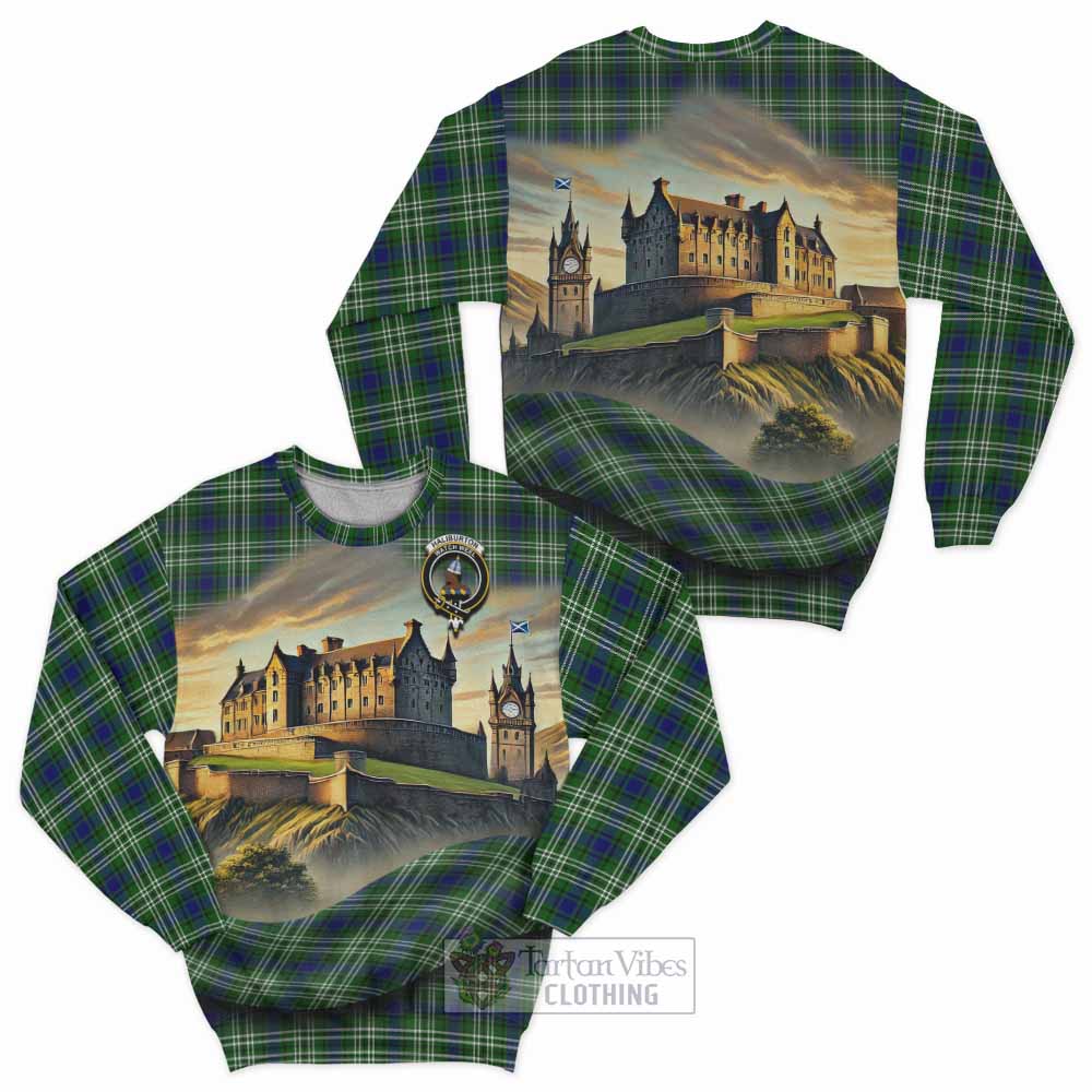 Haliburton Tartan Family Crest Sweatshirt with Scottish Ancient Castle Style - Tartan Vibes Clothing