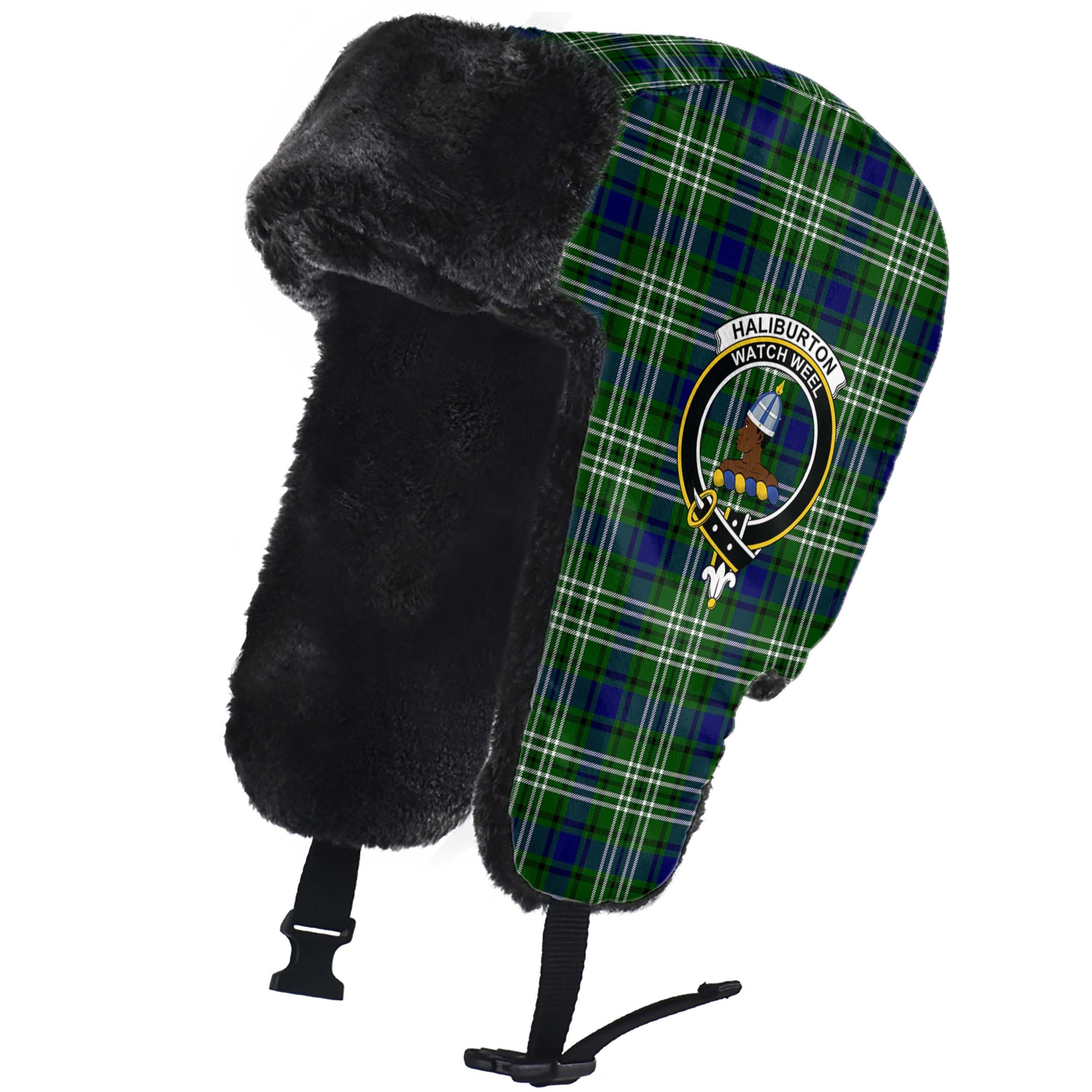 Haliburton Tartan Winter Trapper Hat with Family Crest - Tartan Vibes Clothing