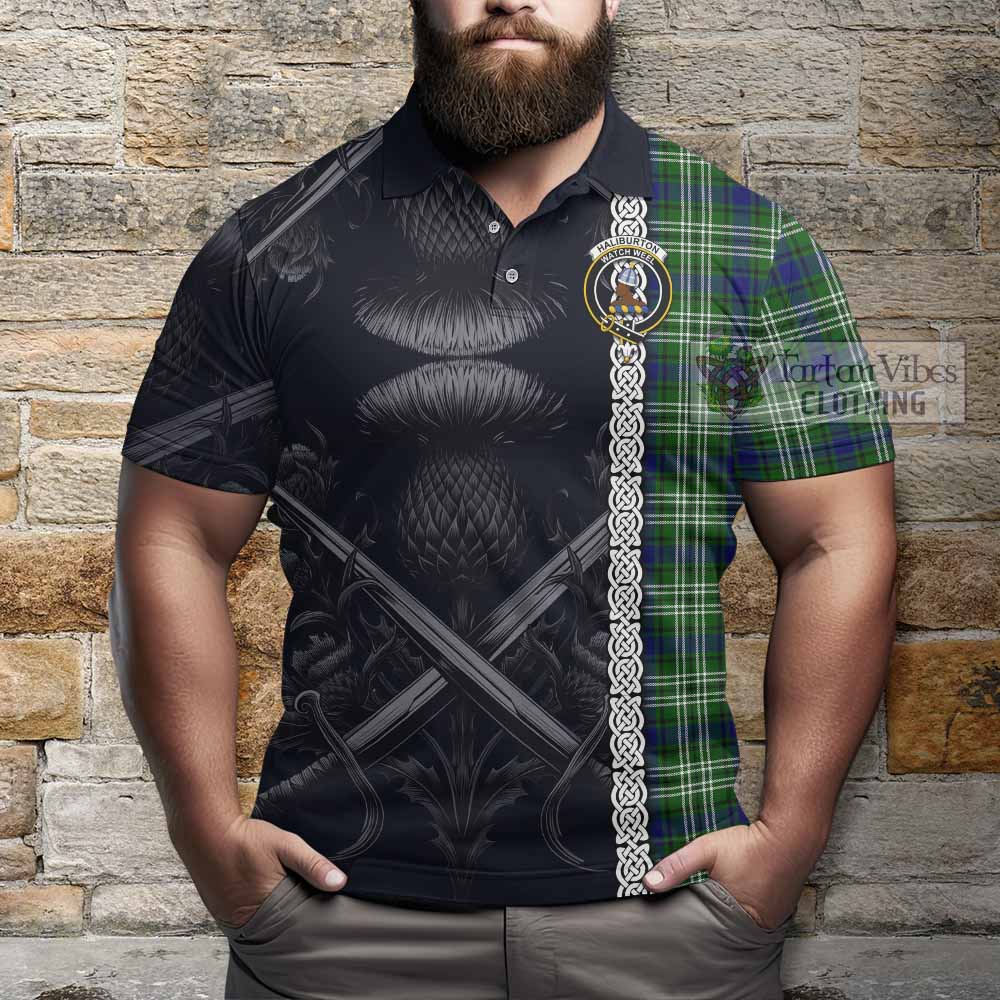 Haliburton Tartan Polo Shirt with Family Crest Cross Sword Thistle Celtic Vibes - Tartan Vibes Clothing