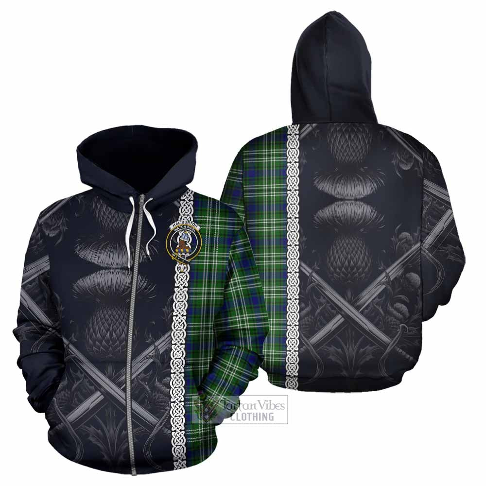 Haliburton Tartan Hoodie with Family Crest Cross Sword Thistle Celtic Vibes Zip Hoodie - Tartan Vibes Clothing