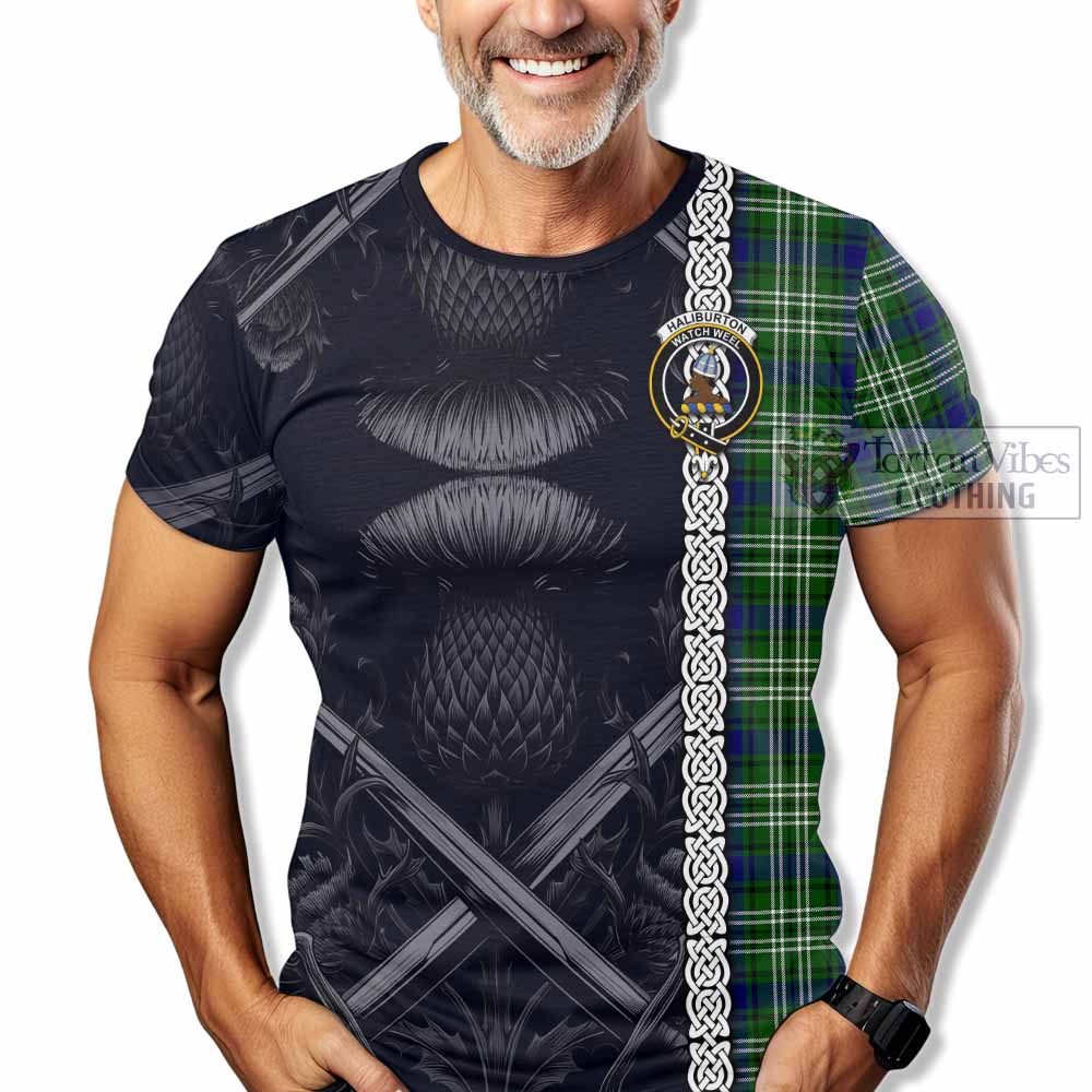 Haliburton Tartan T-Shirt with Family Crest Cross Sword Thistle Celtic Vibes - Tartan Vibes Clothing