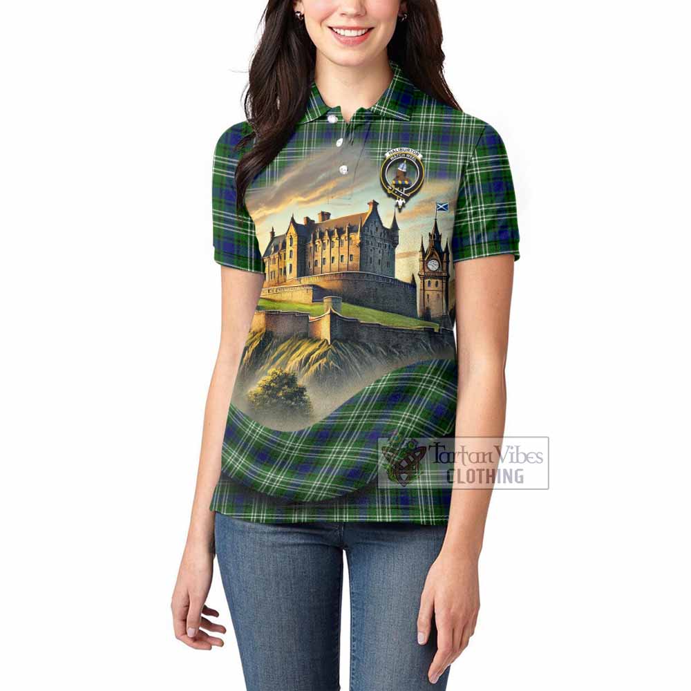 Haliburton Tartan Family Crest Women's Polo Shirt with Scottish Ancient Castle Style - Tartan Vibes Clothing