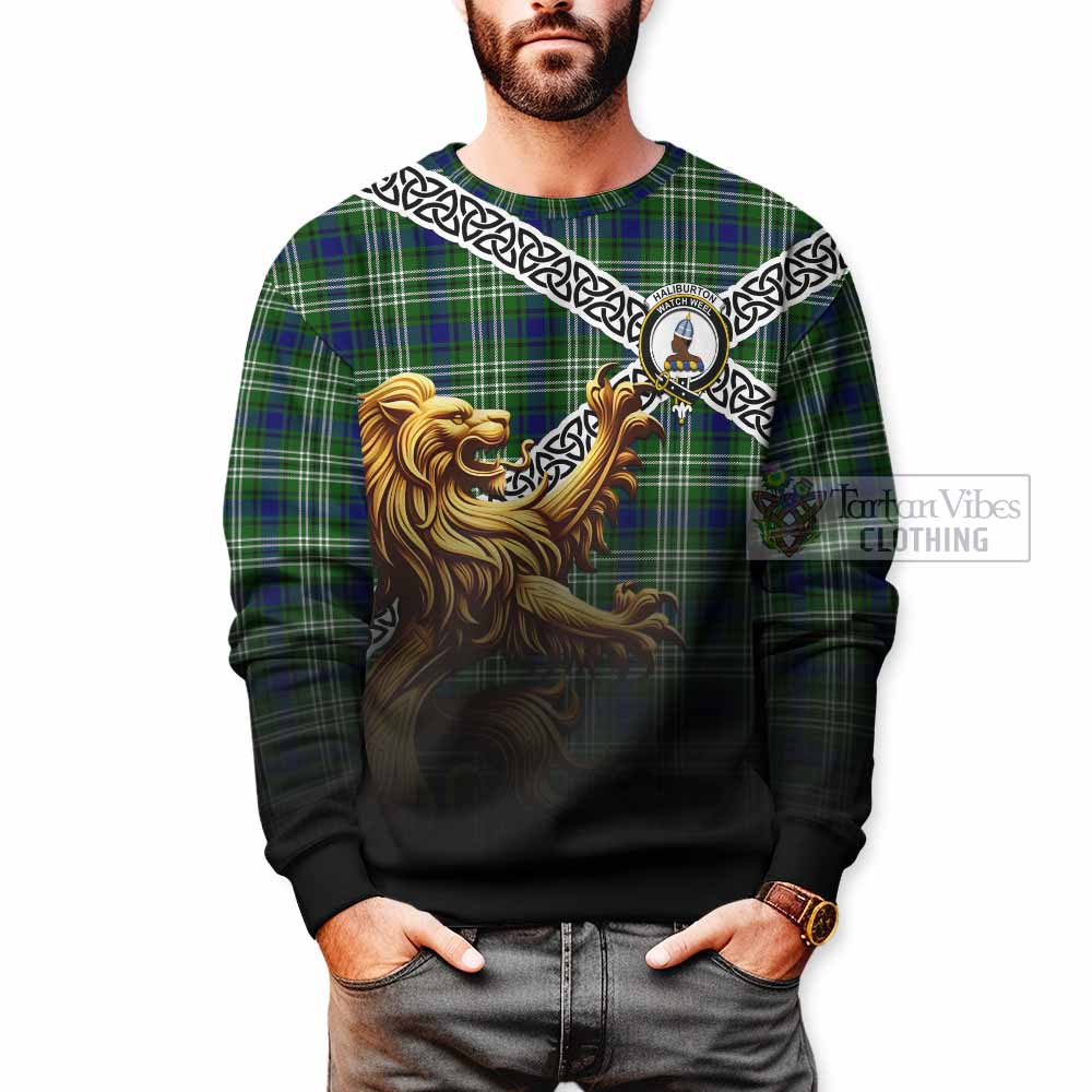 Haliburton Crest Tartan Sweatshirt with Golden Lion Emblem Celtic Style - Tartan Vibes Clothing