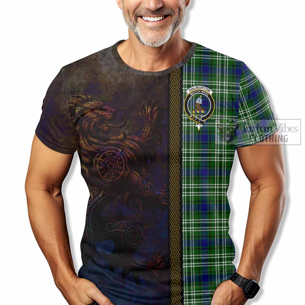 Tartan Vibes Clothing Haliburton Tartan Family Crest T-Shirt Alba Gu Brath Be Brave Lion Ancient Style