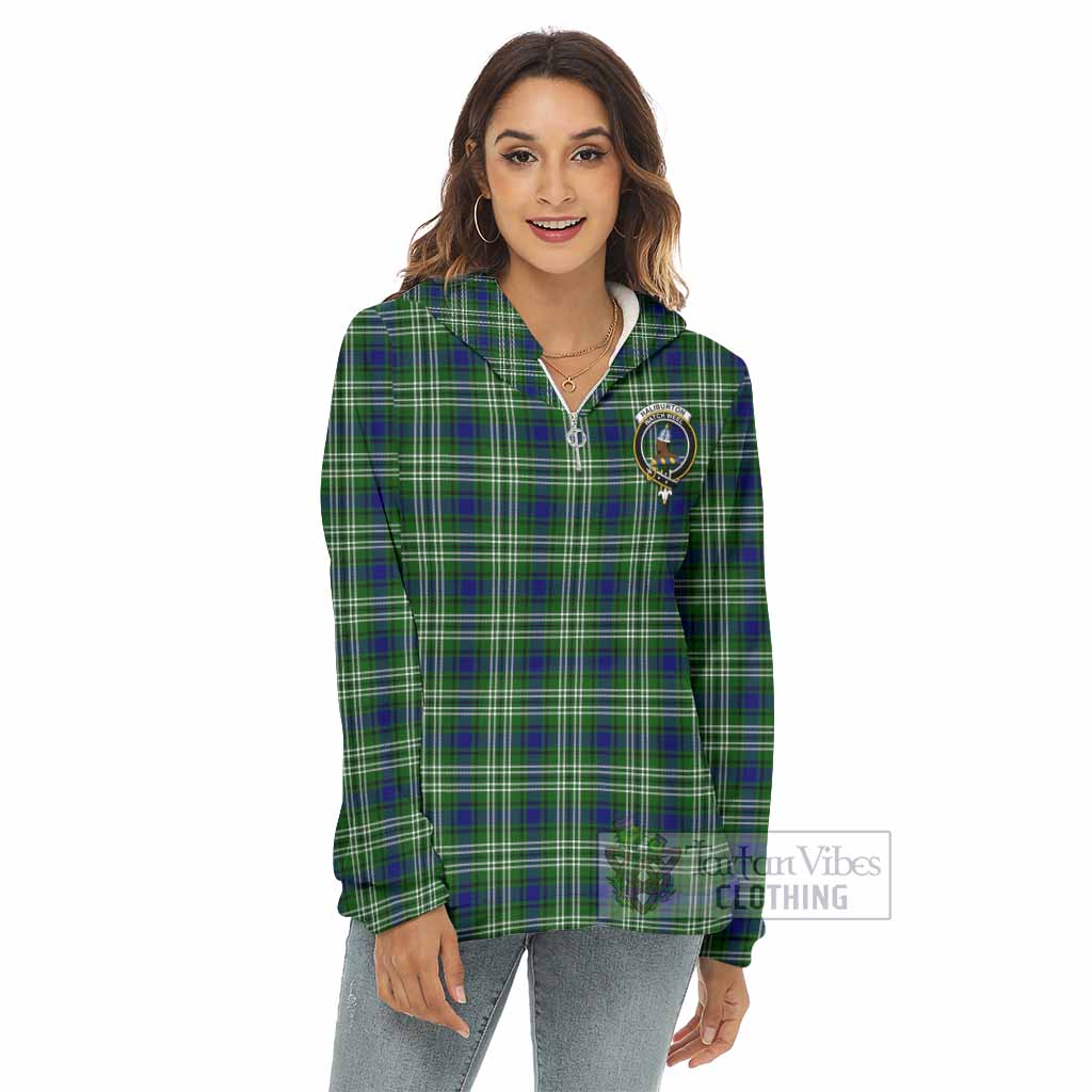 Haliburton Tartan Women's Borg Fleece Hoodie with Half Zip with Family Crest - Tartan Vibes Clothing