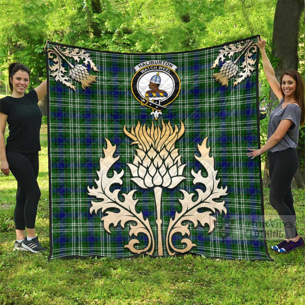Tartan Vibes Clothing Haliburton Tartan Quilt with Family Crest and Golden Thistle Style