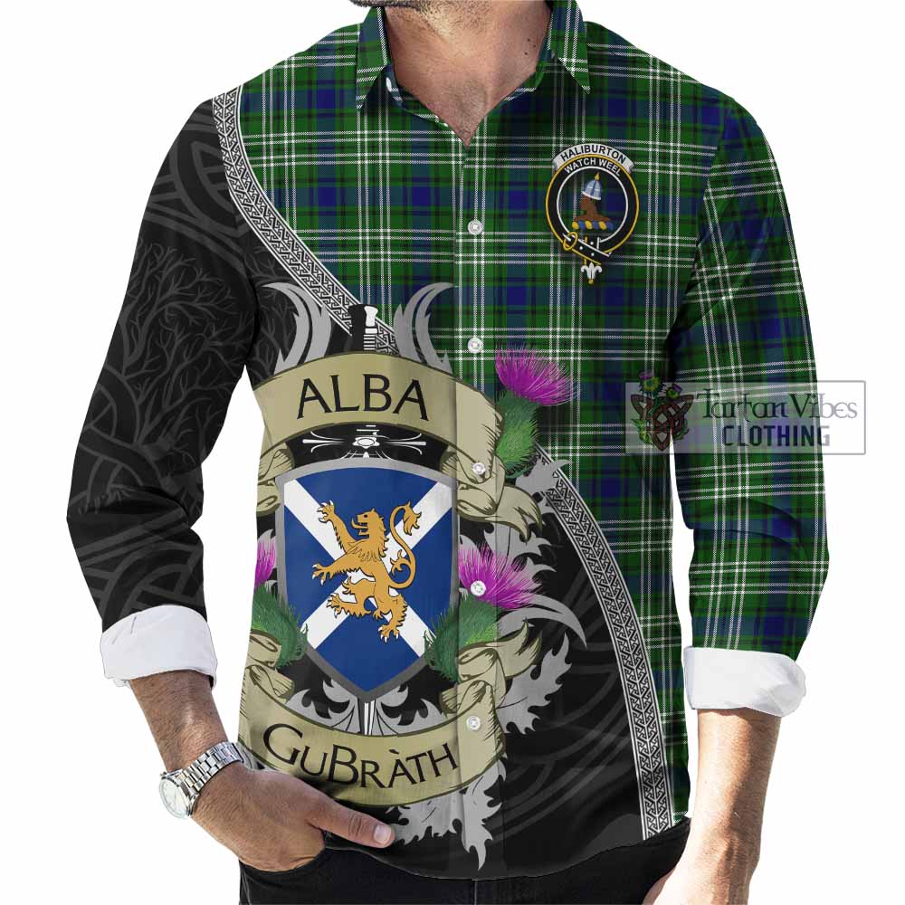 Haliburton Tartan Family Crest Long Sleeve Button Shirt Lion Rampant Royal Thistle Shield Celtic Inspired - Tartan Vibes Clothing